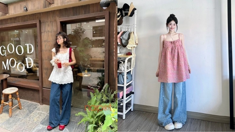 Phối áo 2 dây với quần jeans Phối áo 2 dây với quần jeans