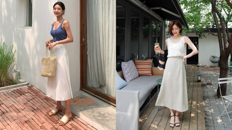 Mix áo hai dây cùng với chân váy midi Mix áo hai dây cùng với chân váy midi