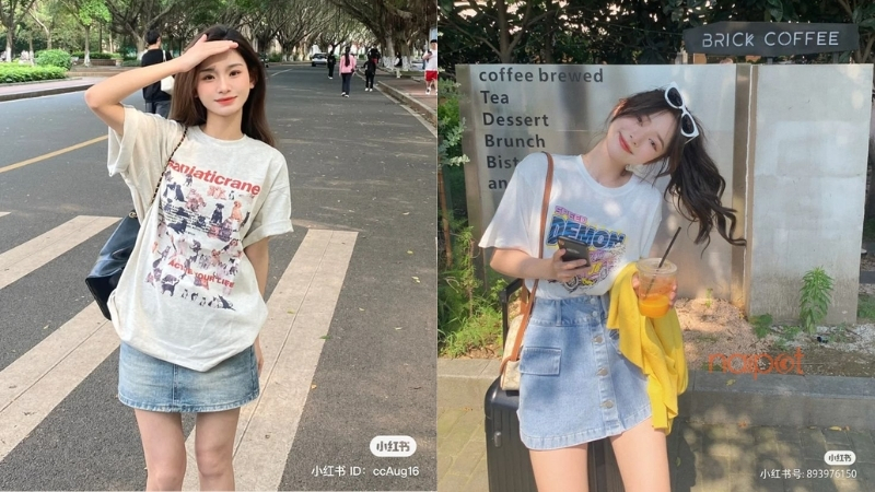 Chân váy chữ A phối với áo thun basic 