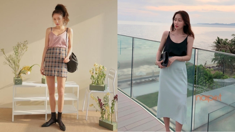 Chân váy chữ A mix&match với áo 2 dây 