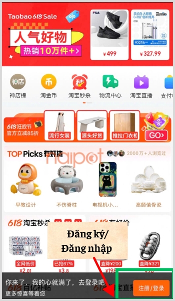 Chọn mục đăng ký/đăng nhập 