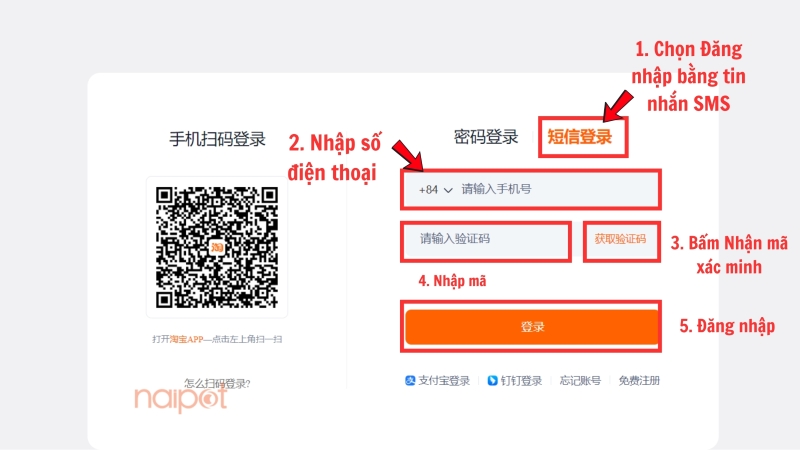 Cách đăng nhập Taobao bằng tin nhắn SMS  Cách đăng nhập Taobao bằng tin nhắn SMS