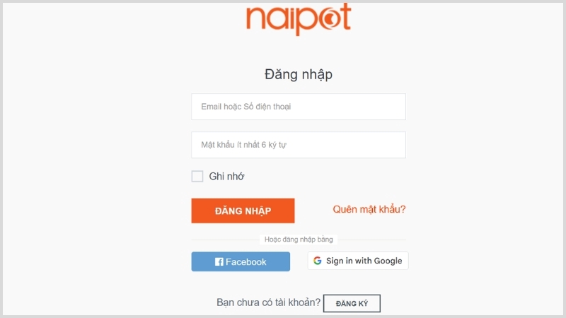 Đăng nhập tài khoản mua hàng Naipot 