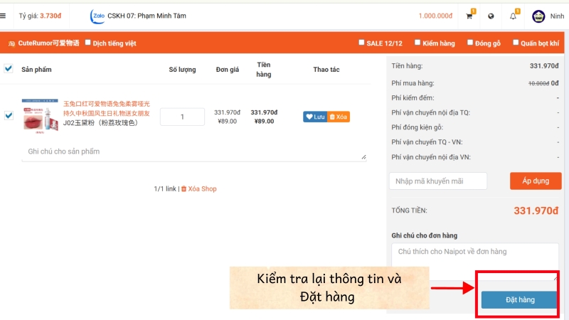 Kiểm tra toàn bộ thông tin đơn hàng và bấm Đặt hàng 