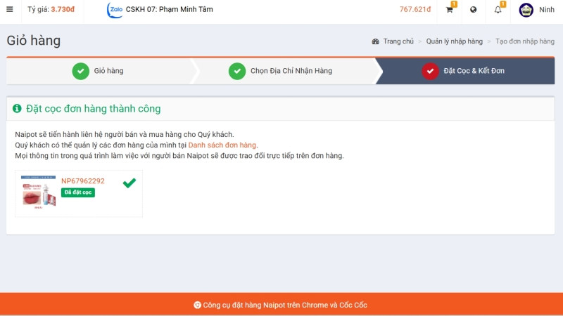 Thông báo đặt cọc thành công đơn hàng 