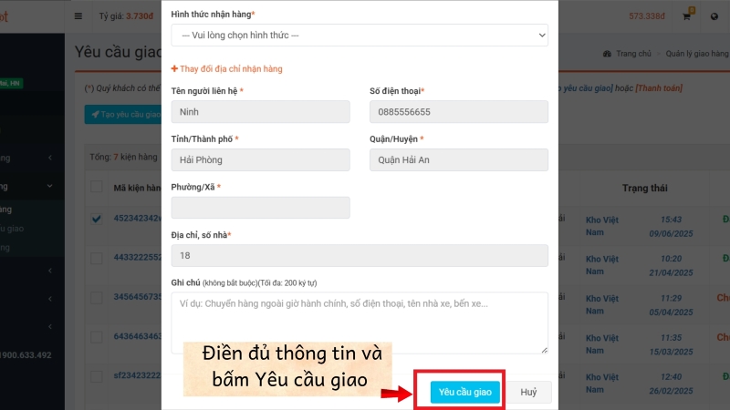 Tạo yêu cầu giao hàng 