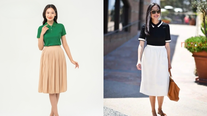 Áo polo nữ Trung Quốc mặc cùng chân váy xòe