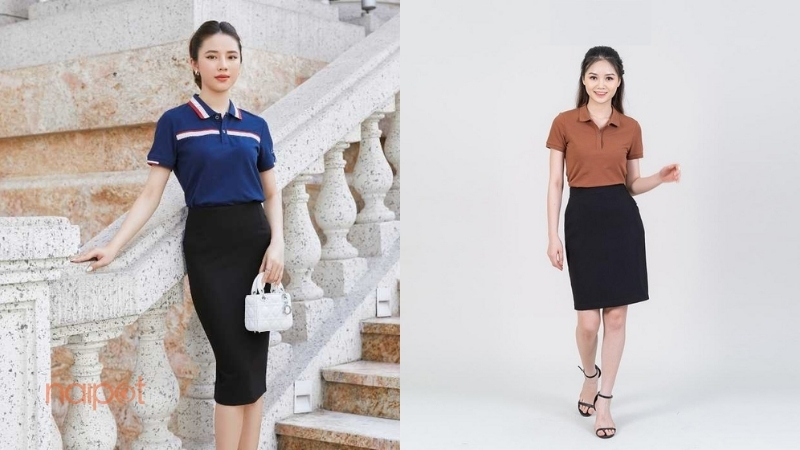 Áo polo nữ Trung Quốc với chân váy bút chì 