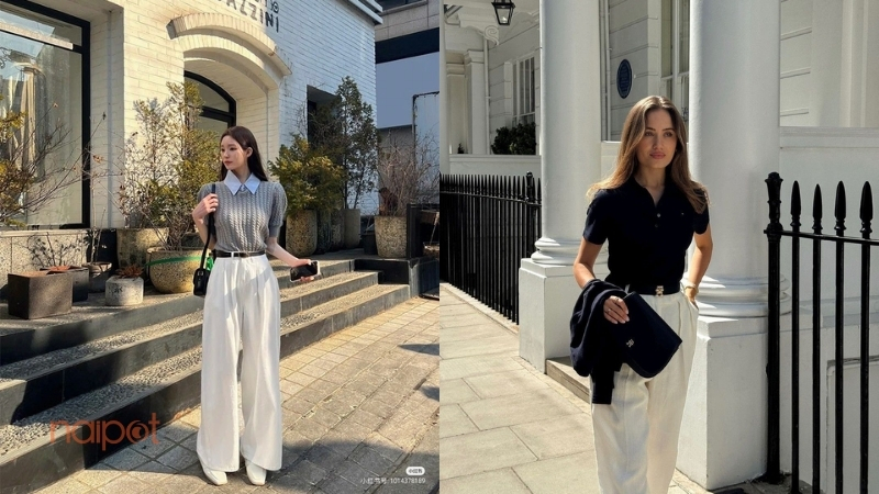 Áo polo nữ Trung Quốc phối với quần ống rộng 