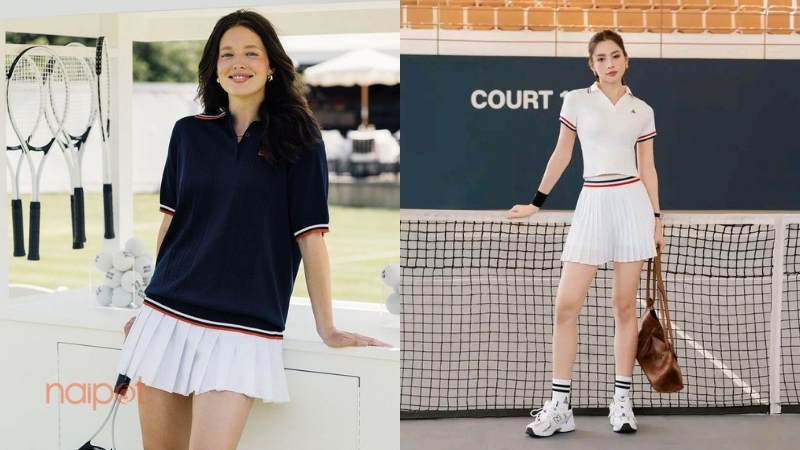 Áo polo nữ Trung Quốc mix với chân váy tennis 