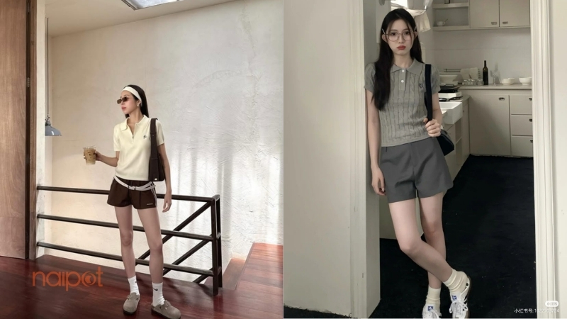 Áo polo nữ Trung Quốc phối với quần short 