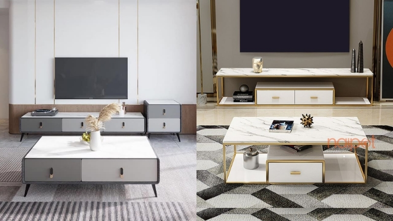 Bàn trà và kệ TV trong phòng khách 