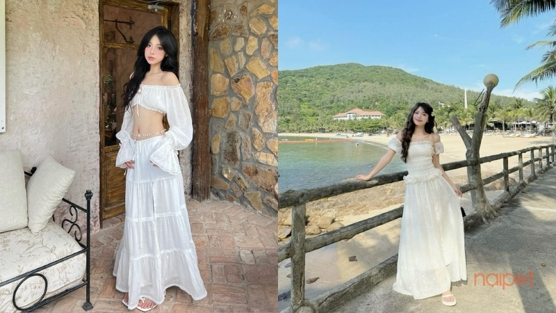 Áo trễ vai Trung Quốc phối với chân váy xòe Áo trễ vai Trung Quốc phối với chân váy xòe