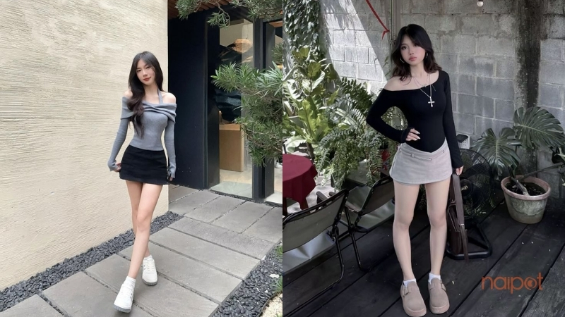 Áo trễ vai Trung Quốc với chân váy chữ A Áo trễ vai Trung Quốc với chân váy chữ A