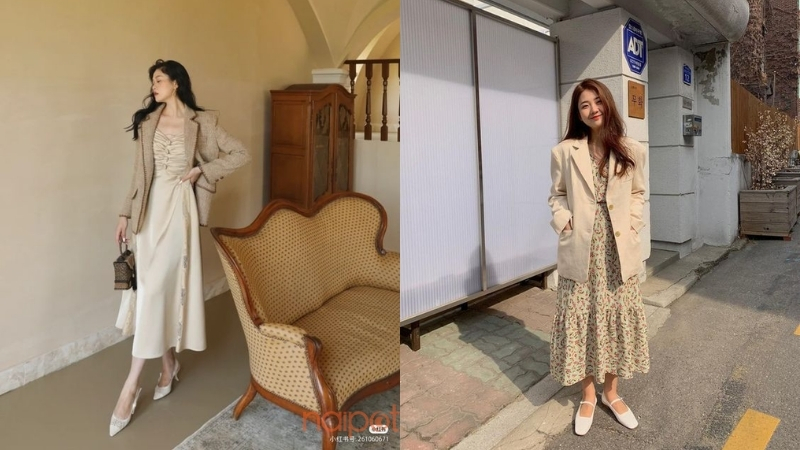 Kết hợp áo blazer Trung Quốc với váy suông Kết hợp áo blazer Trung Quốc với váy suông