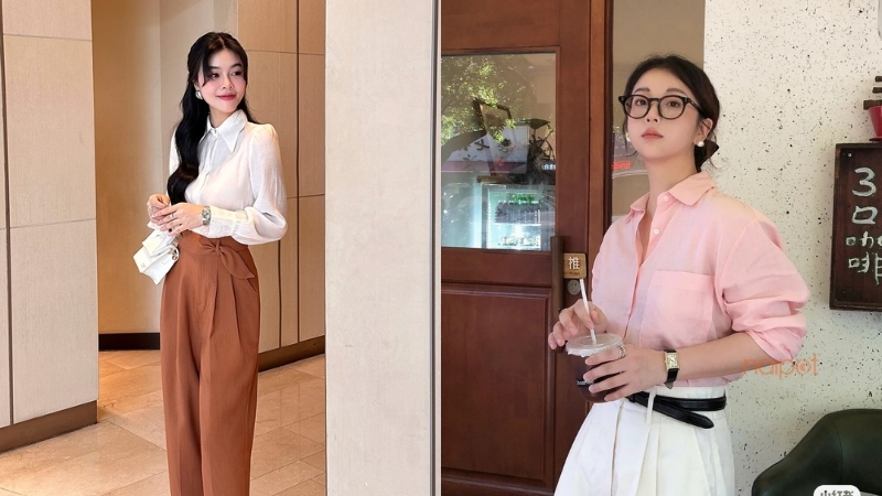 Phối đồng hồ nữ với áo sơ mi và quần tây Phối đồng hồ nữ với áo sơ mi và quần tây