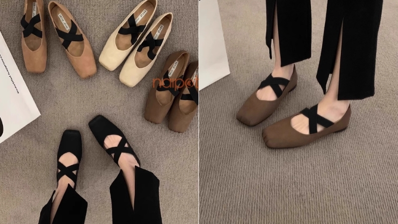 Giày búp bê Trung Quốc mũi vuông dây chéo Giày búp bê Trung Quốc mũi vuông dây chéo