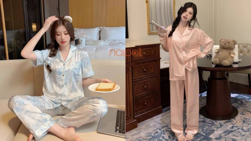 Set đồ mặc nhà lụa satin bóng Set đồ mặc nhà lụa satin bóng