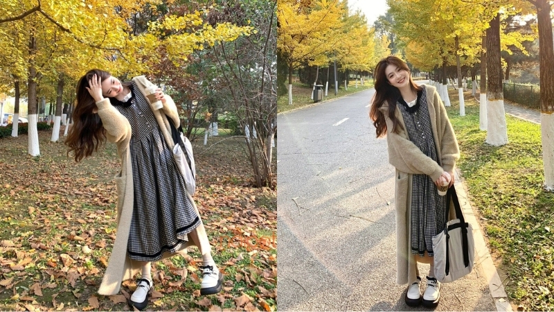 Áo cardigan dáng dài với đầm suông  Áo cardigan dáng dài với đầm suông