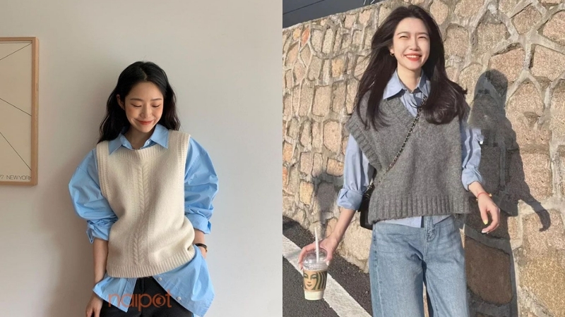 Áo gile nữ mix với áo sơ mi 