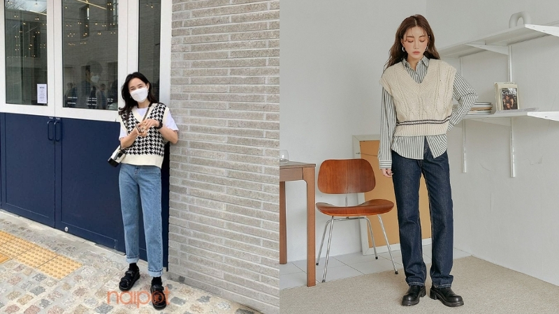 Áo gile mặc cùng quần jeans 