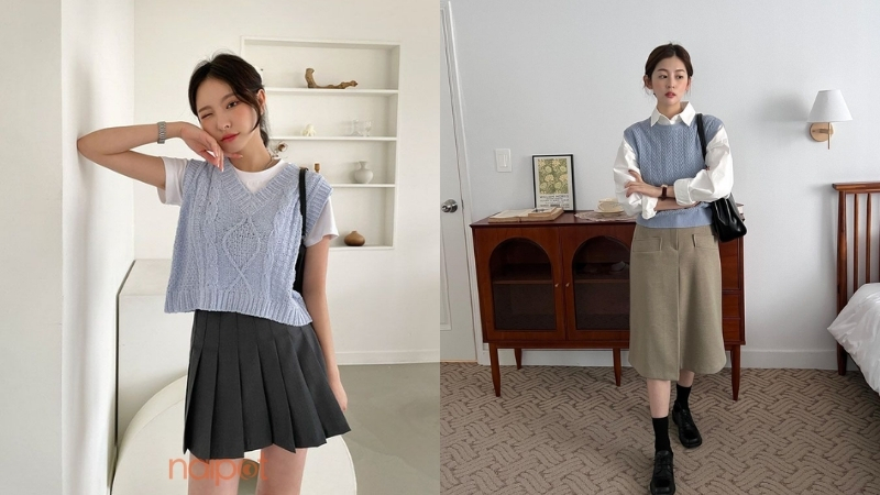 Áo gile mix cùng chân váy 