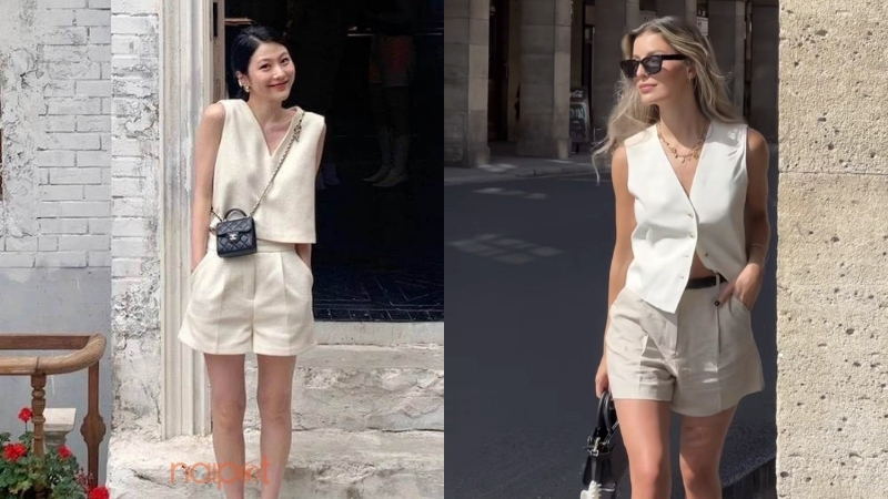 Áo gile phối với quần short 